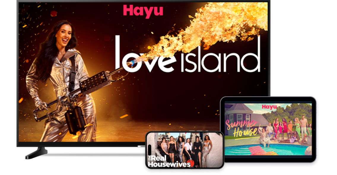 Écrans de diverses tailles montrant Love Island, Summer House et The Real Housewives sur Hayu.