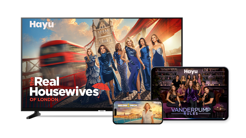 Various sized screens showing Vanderpump Rules, Below Deck and The Real Housewives on Hayu.
