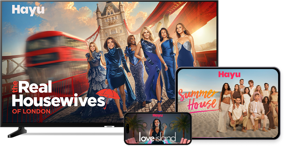 Various sized screens showing Love Island, Summer House and The Real Housewives on Hayu.