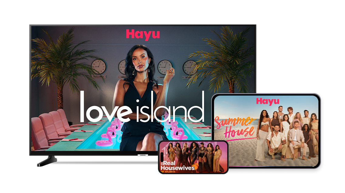 Various sized screens showing Love Island, Summer House and The Real Housewives on Hayu.