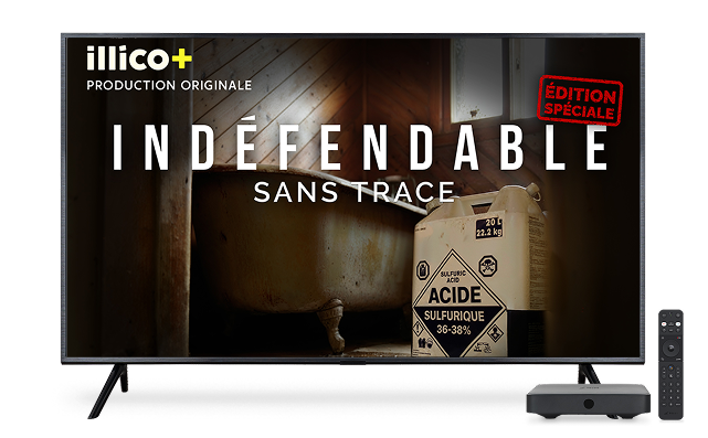 A TV displays a bathtub and a sulfuric acid container for "INDÉFENDABLE SANS TRACE" on illico+, with a remote beside it.
