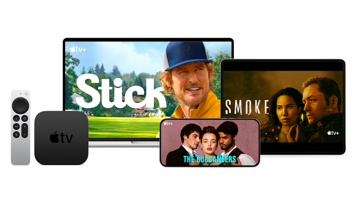 An image showing various gadgets with Apple TV+ shows on screen featuring Stick, Smoke and The Buccaneers.