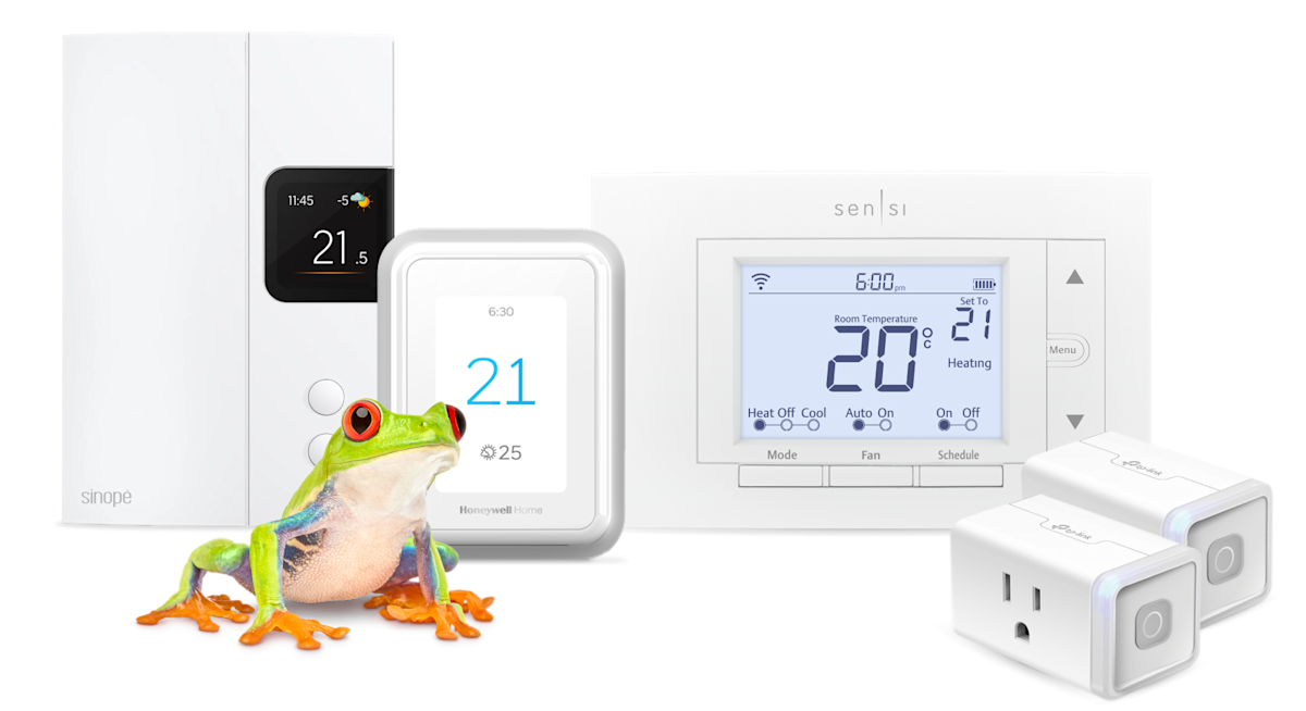 A frog sitting at the front of a smart thermostat and other various SmartEnergy devices.