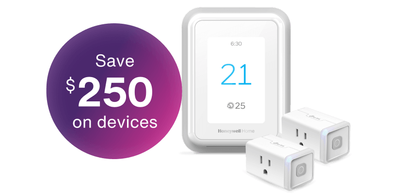 A smart thermostat and two smart plugs, displaying a roundel that says, "Save $250 on devices.