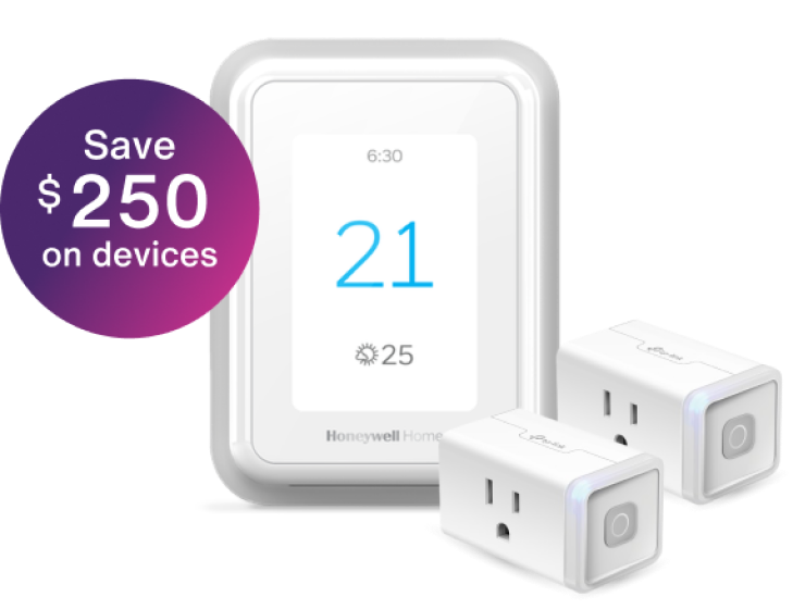 A smart thermostat and two smart plugs, displaying a roundel that says, "Save $250 on devices.