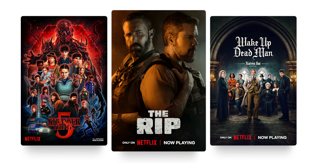 Three posters: Stranger Things 5, The Rip and Wake Up Dead Man.