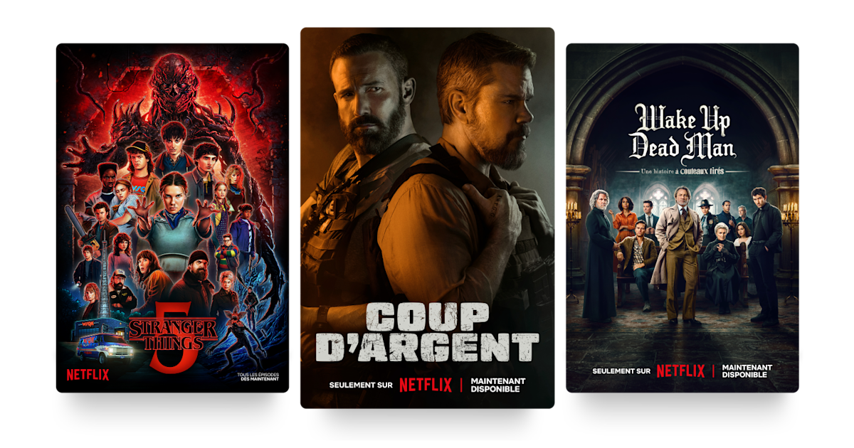 Trois affiches : Stranger Things 5, The Rip and Wake Up Dead Man.