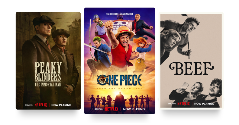Three posters: Peaky Blinders, One Piece and Beef.