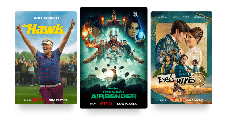 Three Netflix posters: "The Hawk" with Will Ferrell, "Avatar The Last Airbender," and "Enola Holmes 3." Now playing.