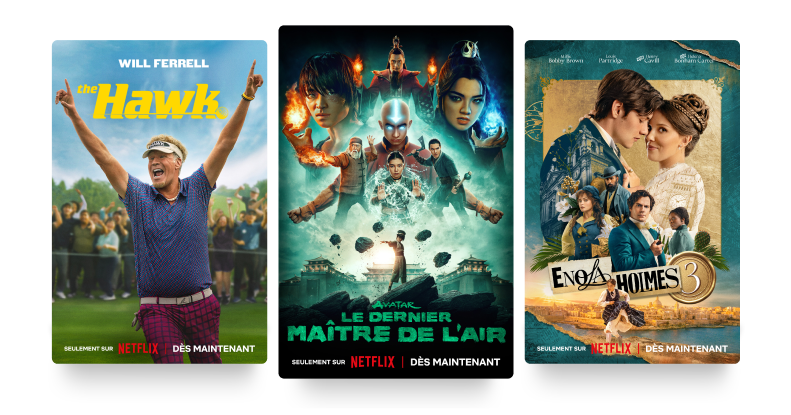 Trois affiches de Netflix : « The Hawk » avec Will Ferrell, « Avatar The Last Airbender » et « Enola Holmes 3 ».