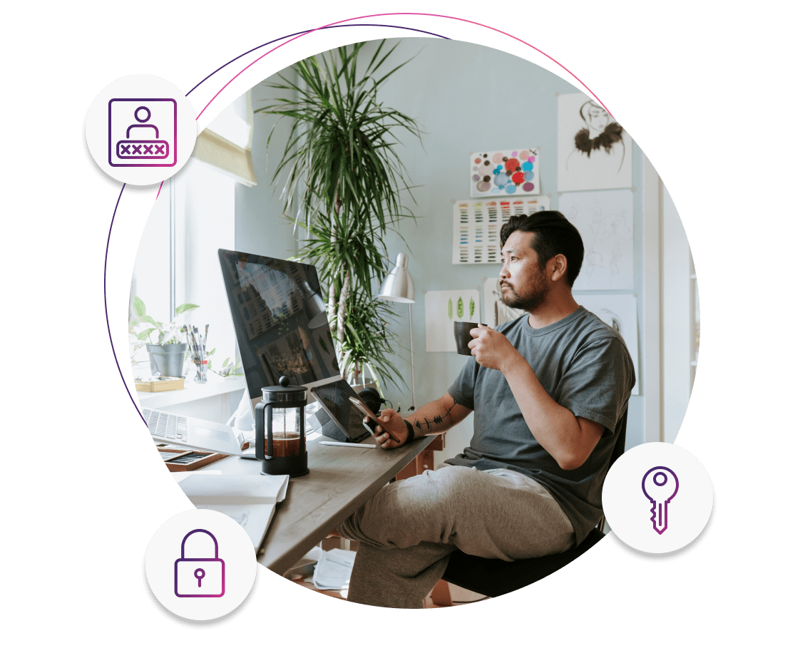 A man using a computer, shown next to icons representing online security.