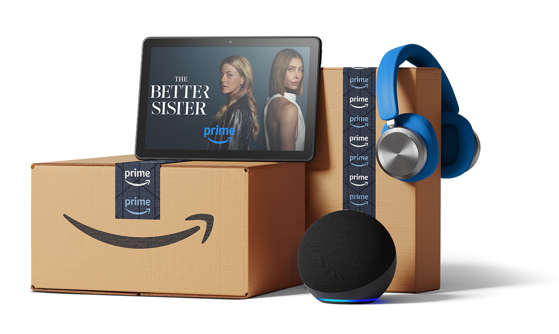 Devices playing popular Amazon Prime films and series are shown.