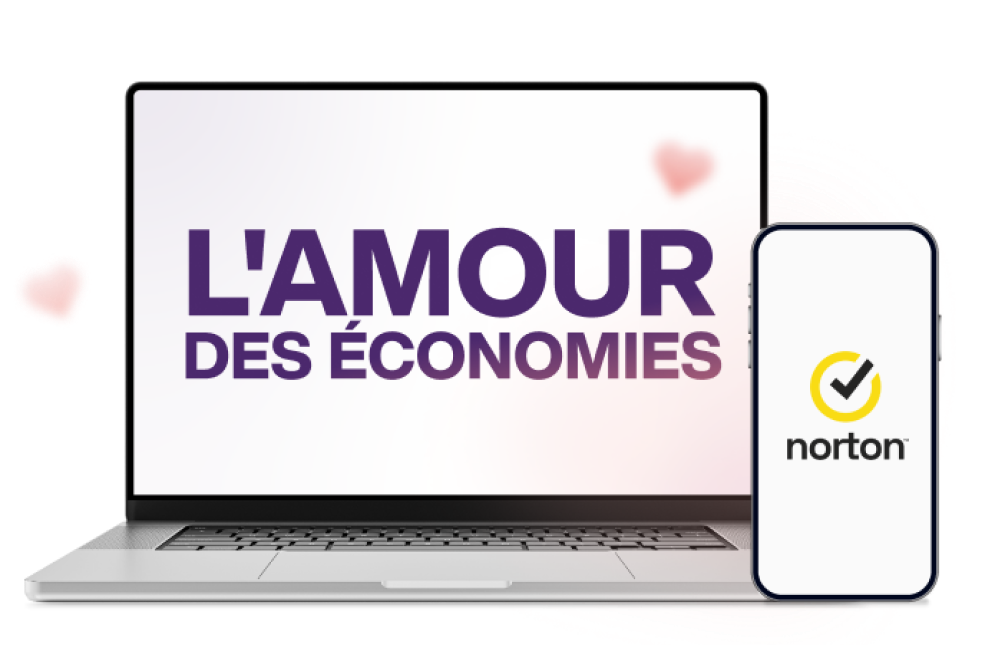 Un ordinateur portable et un téléphone intelligent. L’ordinateur portatif affiche le texte « L’amour des économies » et le téléphone affiche le logo de Norton.