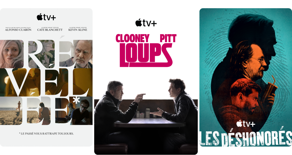 Affiches des films et séries d’Apple TV+ Argylle, Palm Royale et The Reluctant Traveller avec Eugene Levy.