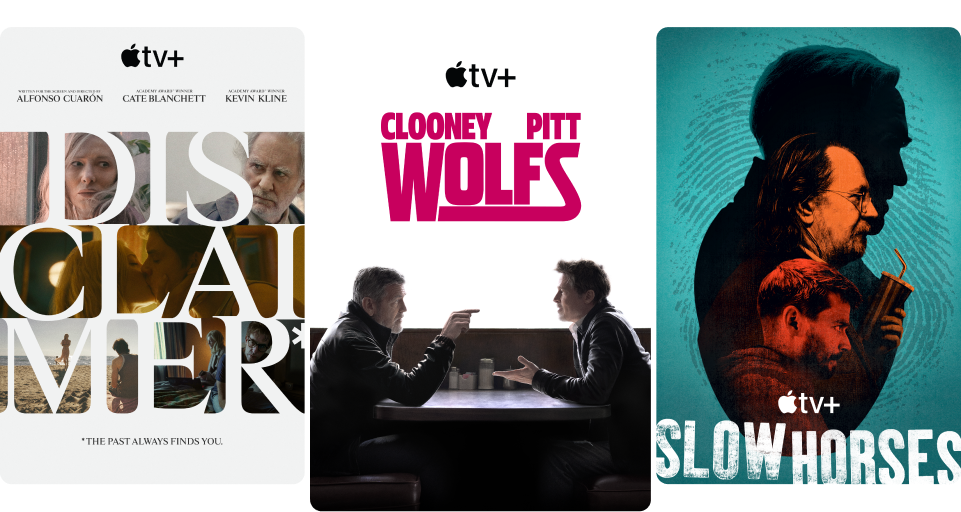 Posters for Apple TV+ hits Argylle, Palm Royale and The Reluctant Traveller with Eugene Levy.