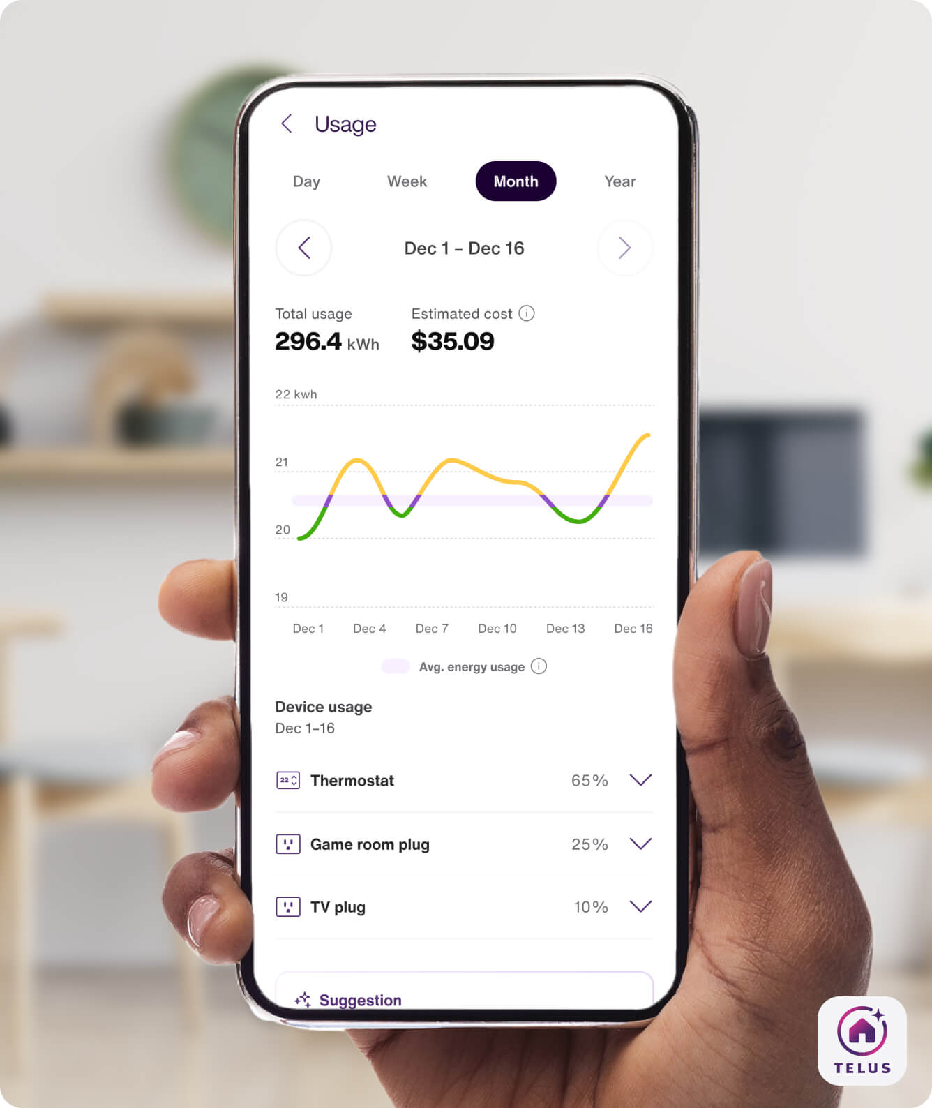 A hand holds the TELUS SmartHome+ app while showing energy usage and trends over time.