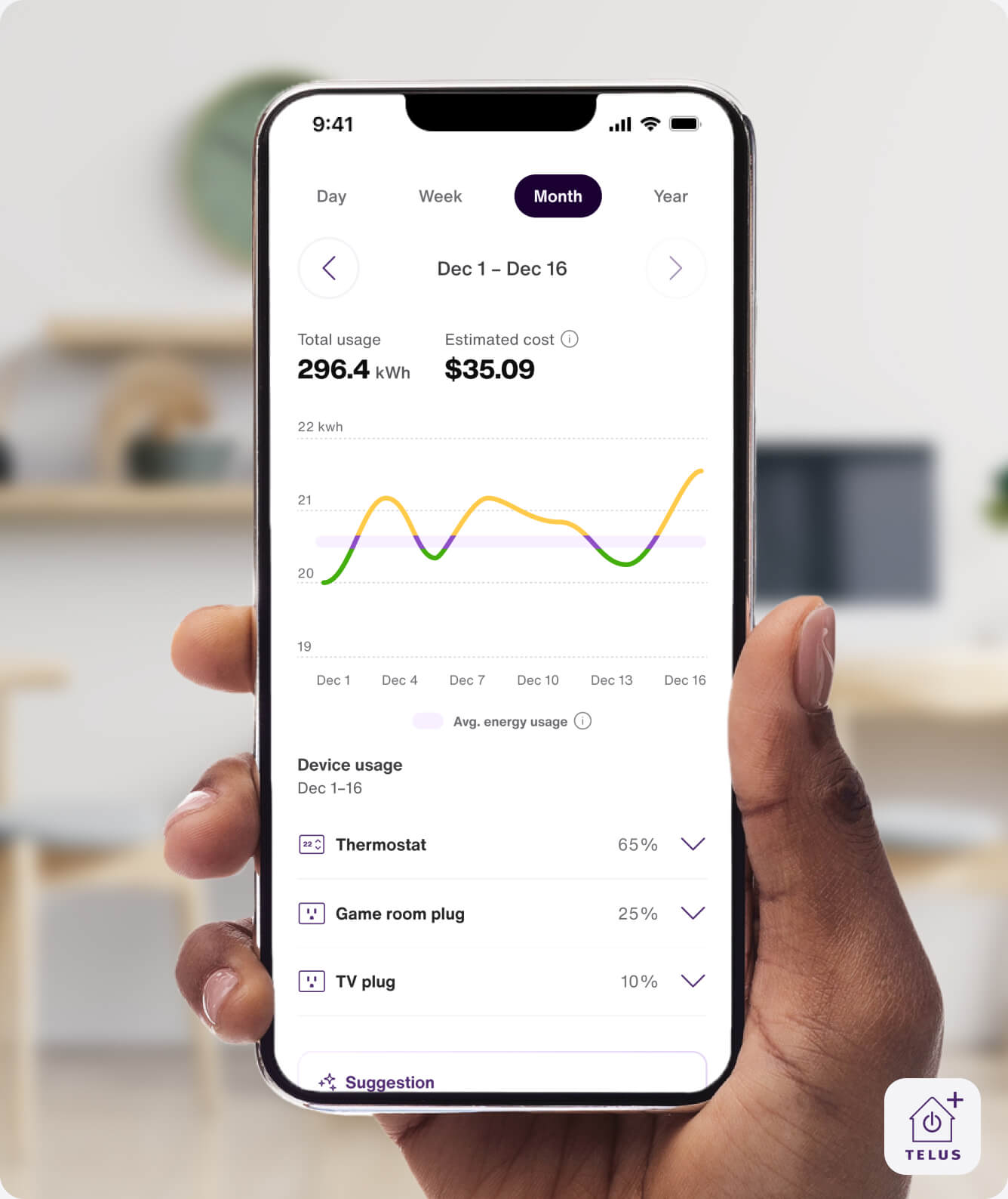 A hand holds the TELUS SmartHome+ app while showing energy usage and trends over time.