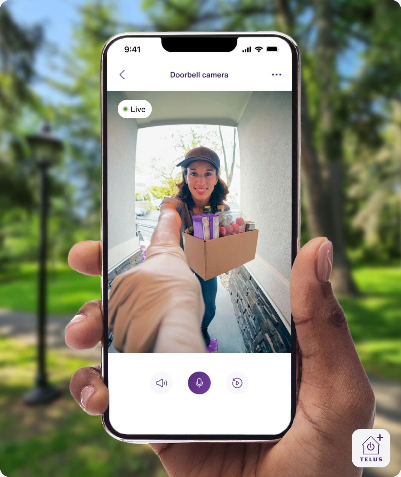 A hand holding the TELUS SmartHome+ app showing a delivery person and package with a live video from the TELUS Doorbell Camera.