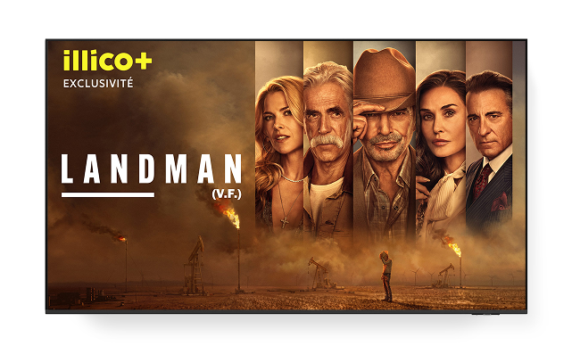 A promotional poster for 'LANDMAN (V.F.)', - "illico+ EXCLUSIVITÉ".