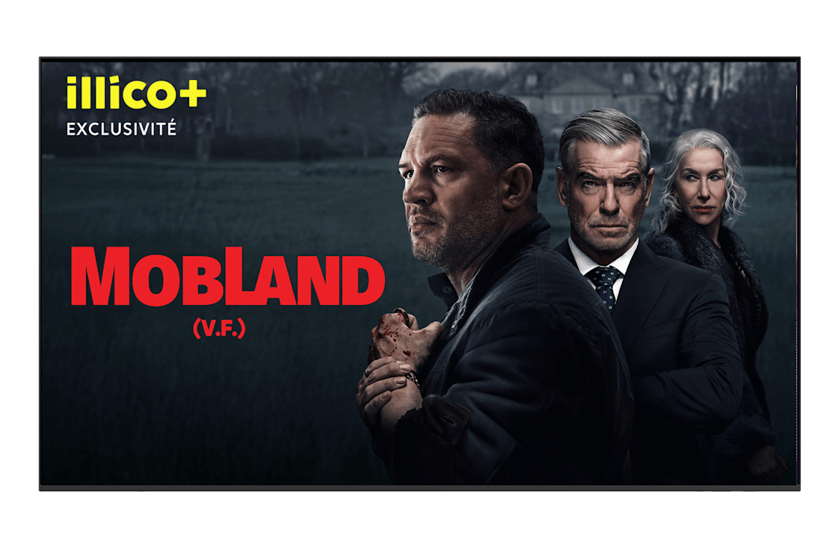 A TV displaying MobLand, streaming on illico+.