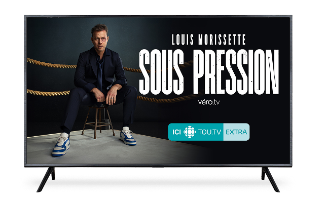 A TV displaying the poster for 'Sous Pression' featuring Louis Morissette. Available on ICI TOU.TV EXTRA.