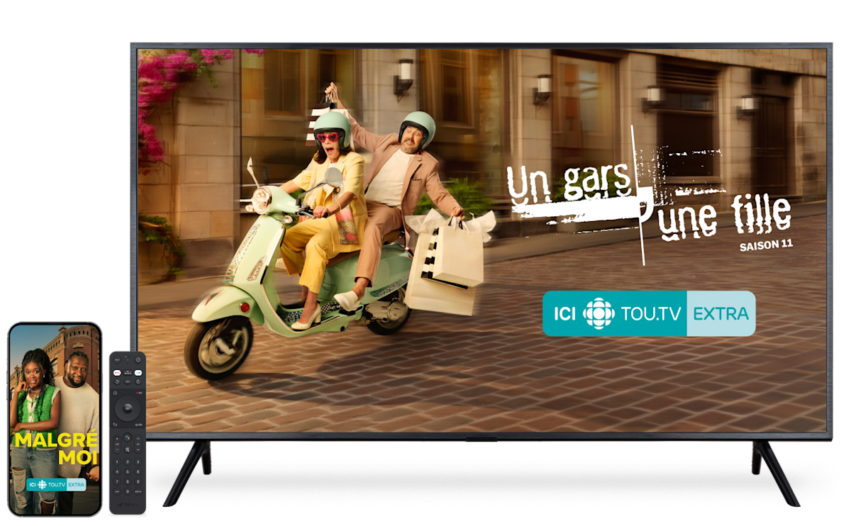 A TV, remote control and smartphone. The phone displays the poster for Malgre Moi. The TV screen displays the poster for Un Gars, Une Fille.