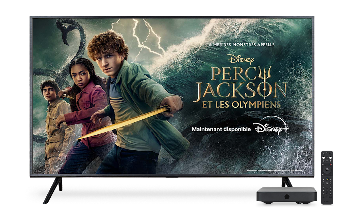 Un écran de télévision montre l'affiche de Percy Jackson et les Olympiens sur Disney+.
