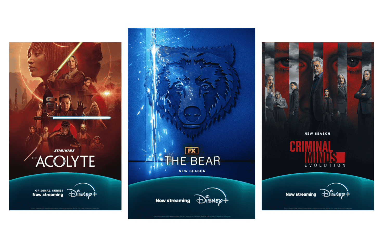 Posters for the Disney+ films and series Acolyte, The Bear and Criminal Minds.