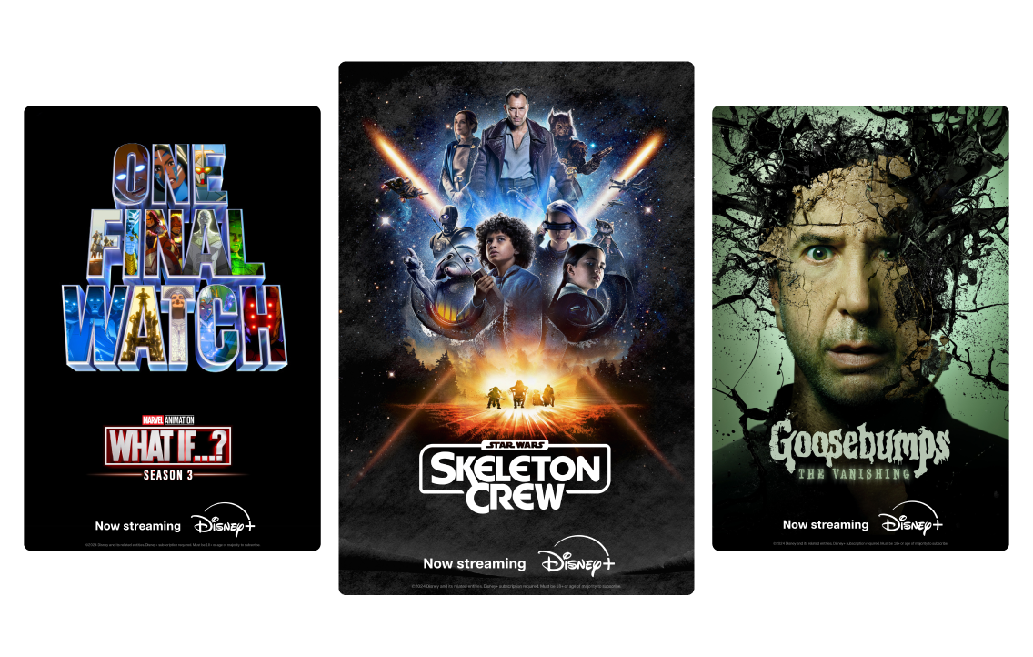 Posters for popular Disney+ films and series are shown.