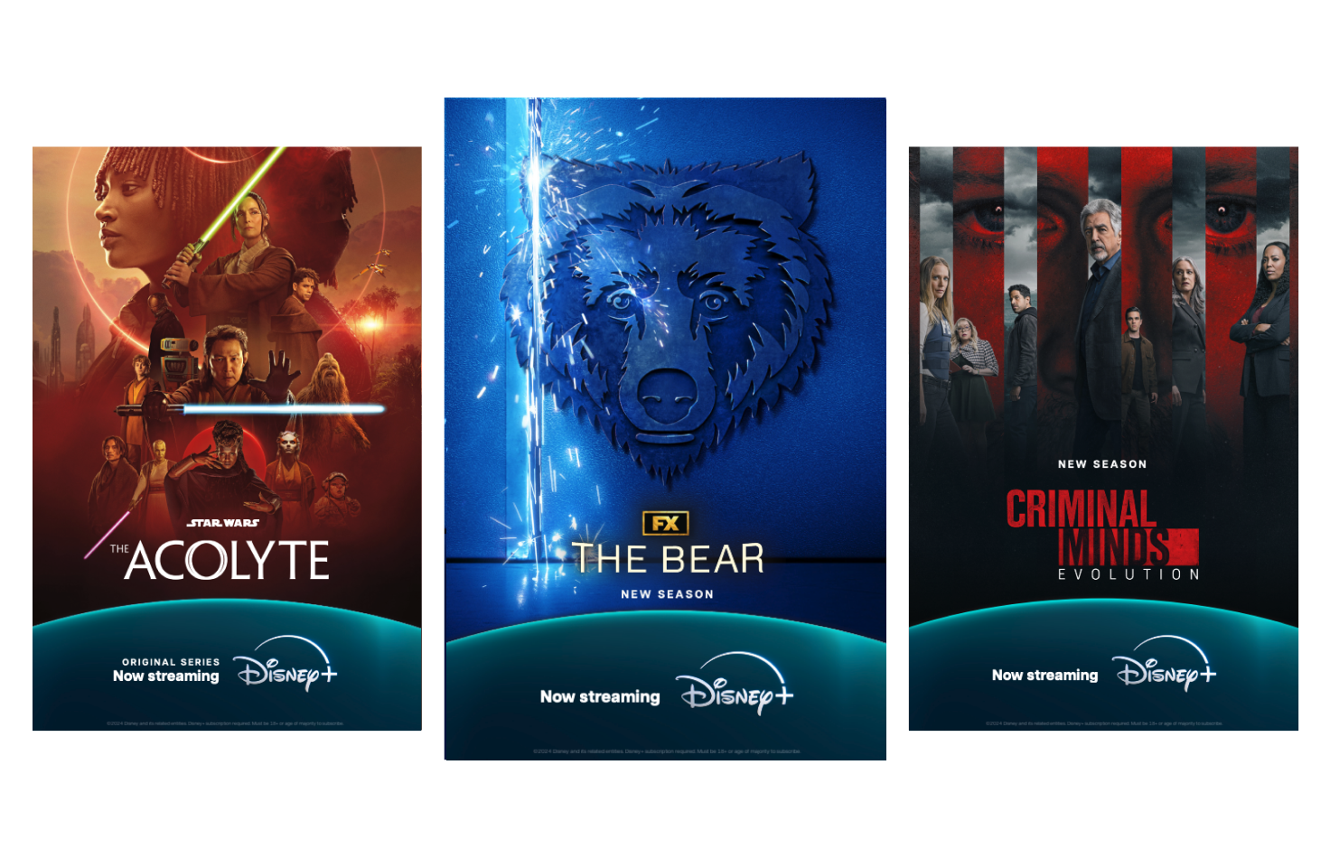 Posters for the Disney+ films and series Acolyte, The Bear and Criminal Minds.