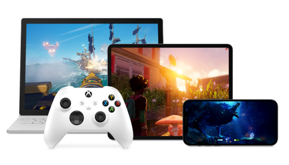 Example of devices supported bye Xbox Game Pass Ultimate: Xbox controller to represent console, laptop, table and mobile phone. 

