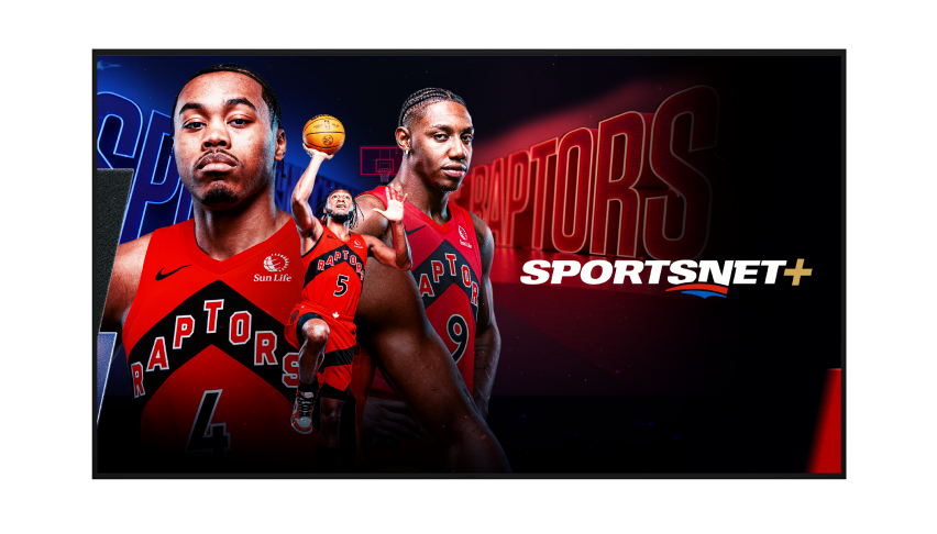 Trois joueurs des Raptors avec le logo de Sportsnet.