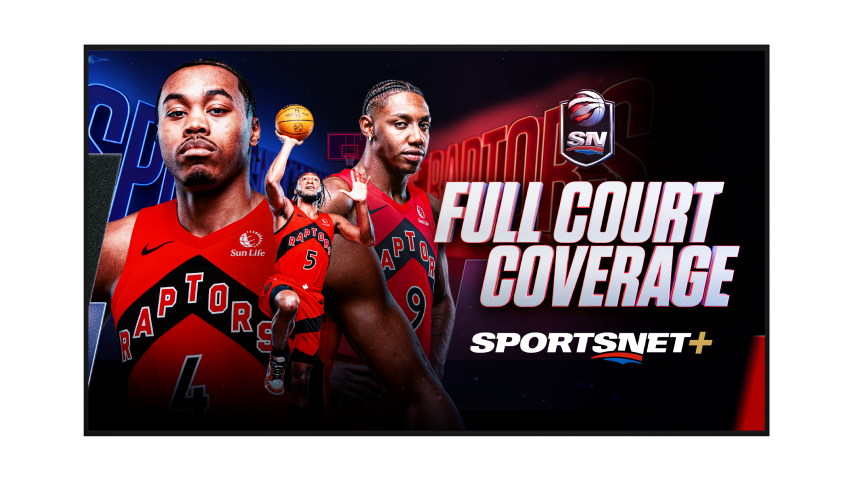 Three Raptors players shown with the Sportsnet logo.