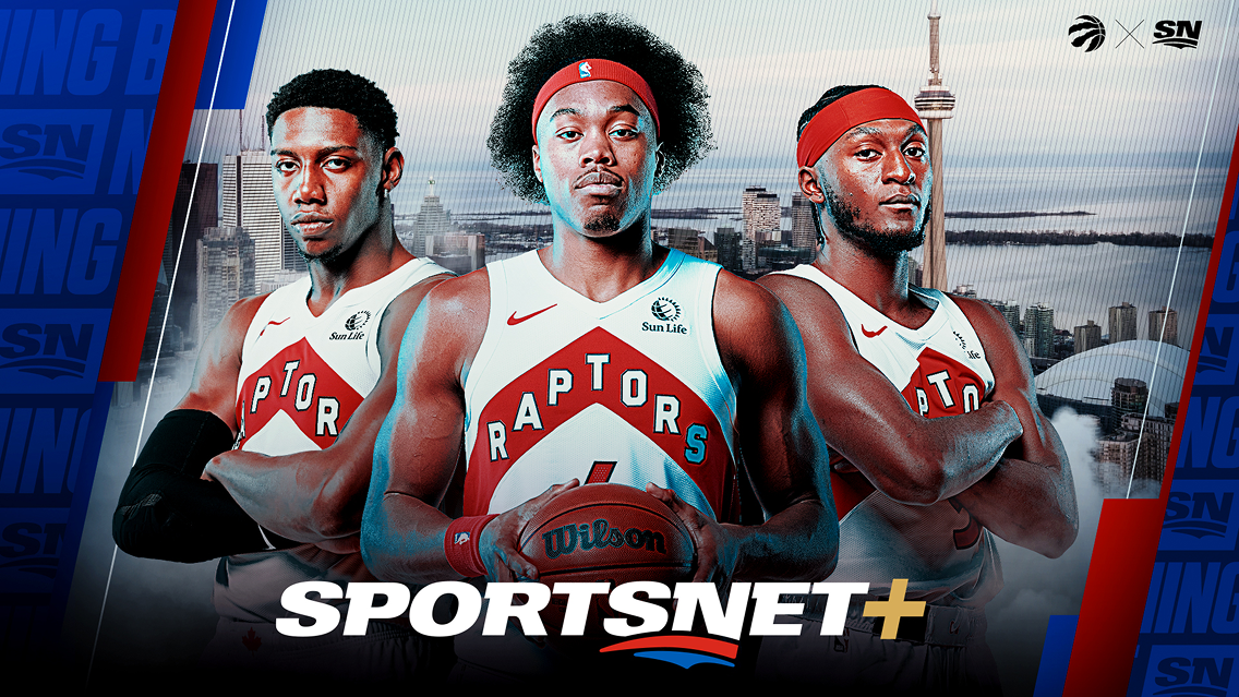 Three Raptors players shown with the Sportsnet logo.