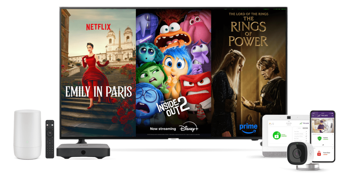 A Wi-Fi router, a TV screen displaying Netflix's Emily in Paris, Disney+'s Inside Out 2 and Prime Video's The Rings of Power, and a home security system.