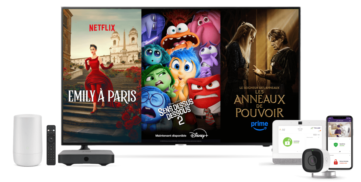 Un routeur Wi-Fi, un écran de télé montrant Le Flic de Emily in Paris de Netflix, Inside Out 2 de Disney+ et The Rings of Power de Prime Video, et un système de sécurité résidentielle