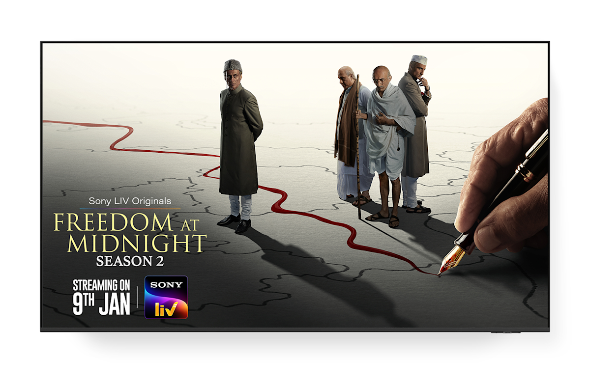 A TV screen displaying the poster for Freedom at Midnight on Sony Liv.