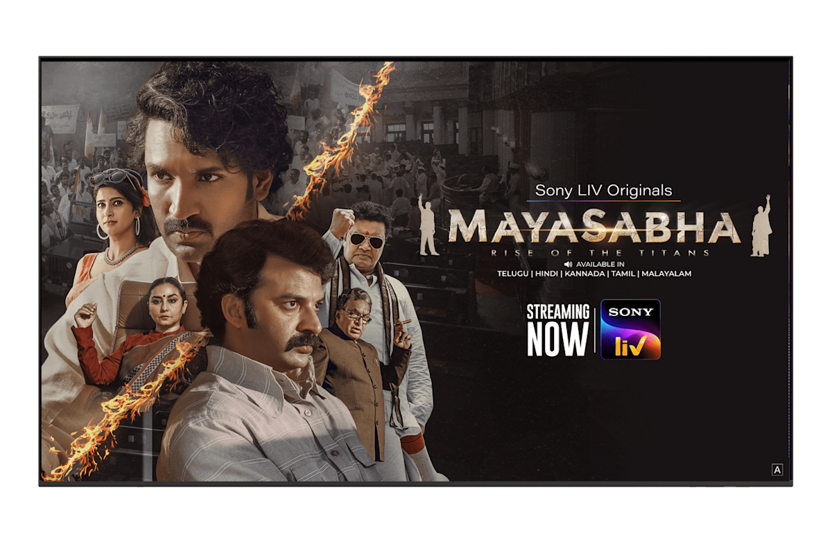 A TV displaying Mayasabha, streaming on Sony Liv.
