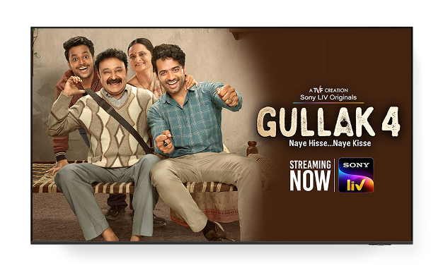 A TV displaying TVF creation and Sony LIV original with the 'Gullak 4' poster. Text shows 'streaming now'.