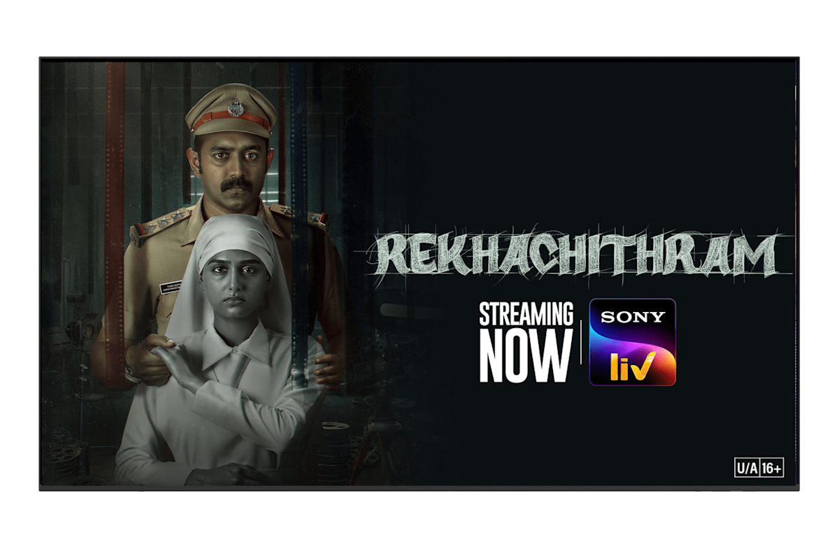 A TV displaying Rekhachithram, streaming on Sony Liv.
