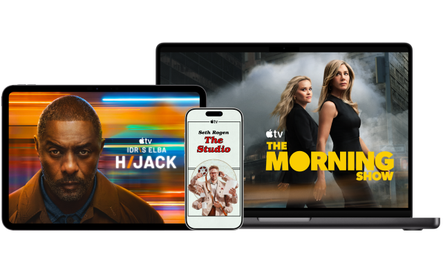 A laptop displaying poster of The Morning Show, a tablet displaying poster of Hijack and a mobile phone displaying poster of The Studio.