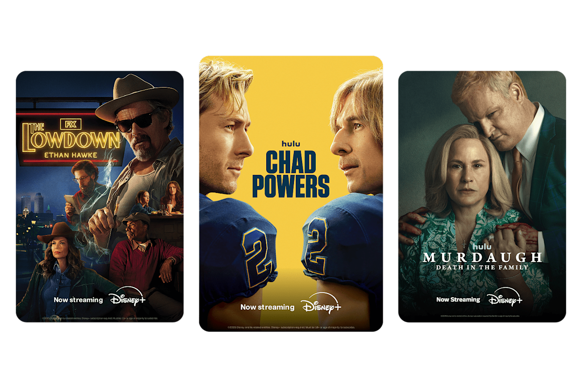 Three posters of content streaming on Disney+; The Lowdown, Chad Powers and Murdaugh.