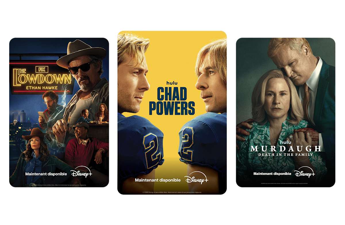 Trois affiches de contenu diffusé sur Disney+ : The Lowdown, Chad Powers et Les Murdaugh.