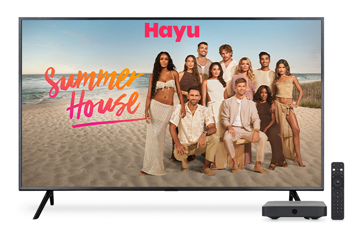 A TV, digital box and remote control. The TV screen displays the poster for Summer House on Hayu.