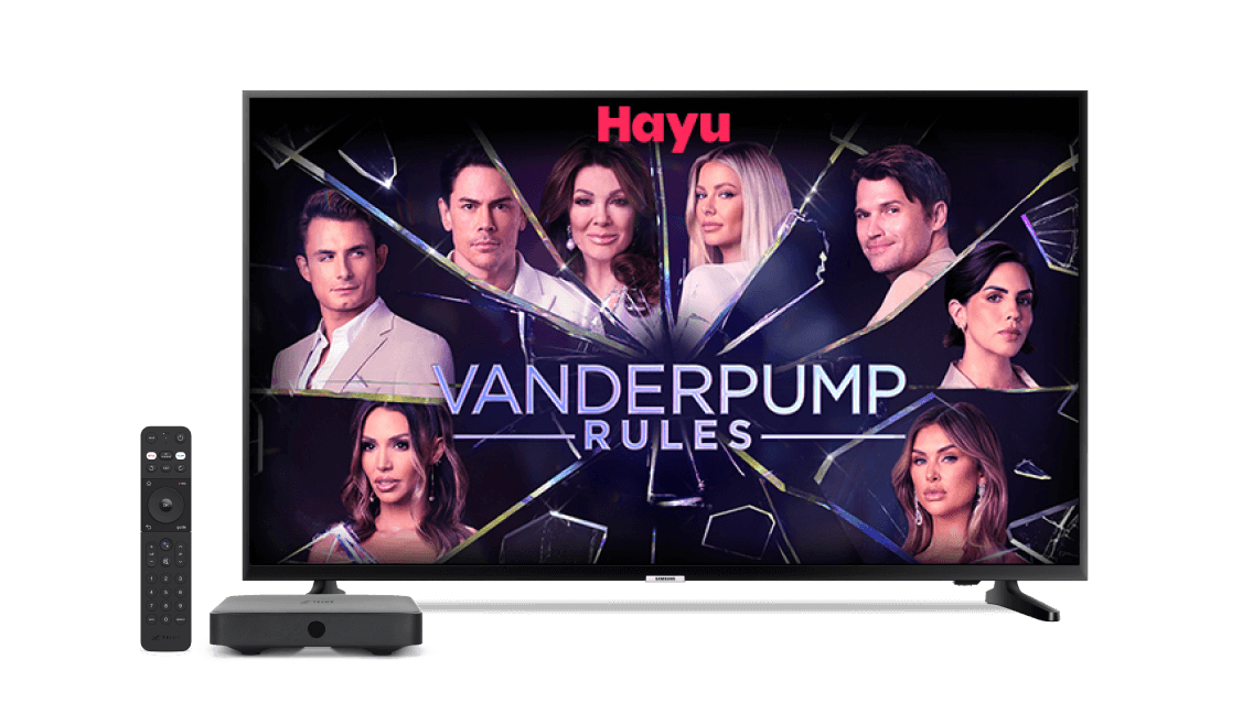 A screen showing Vanderpump Rules on Hayu next to a digital TV box and remote.