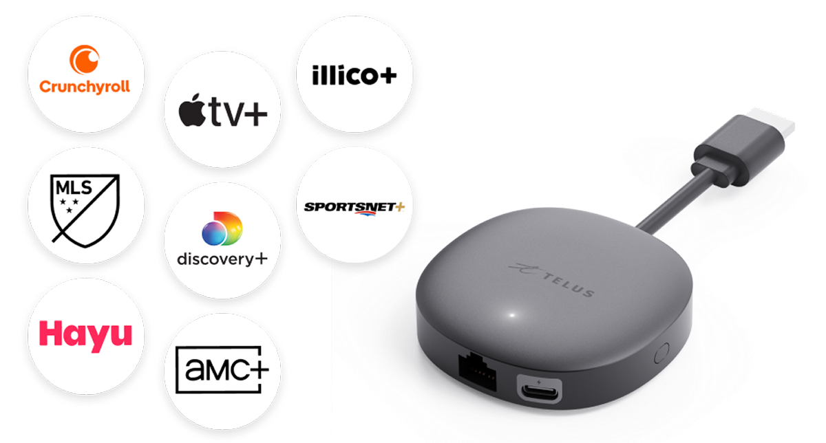 A TELUS TV Mini. Above the devices are logos for Apple TV+, Crunchyroll, MLS, discovery+, Sportsnet+, Hayu, AMC+ and illico