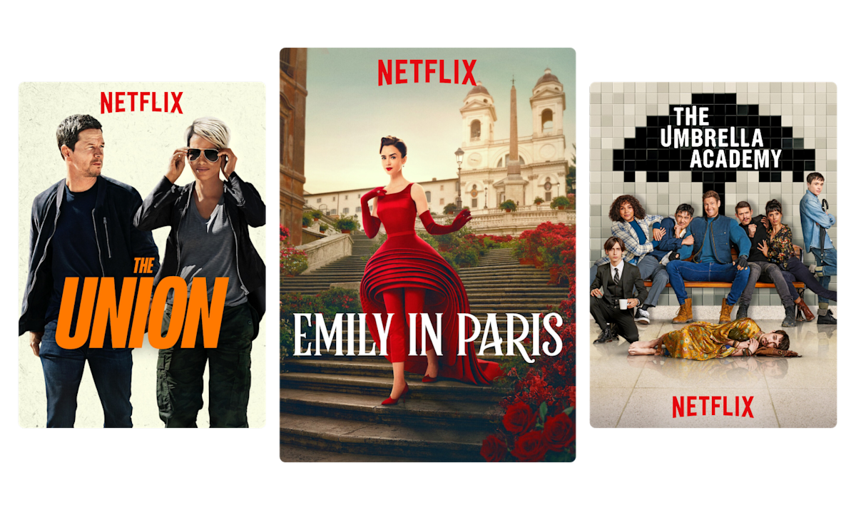 Netflix features and series The Union, Emily in Paris, and The Umbrella Academy are shown.