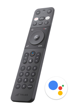 The TELUS TV Mini remote control shown next to the Google logo.