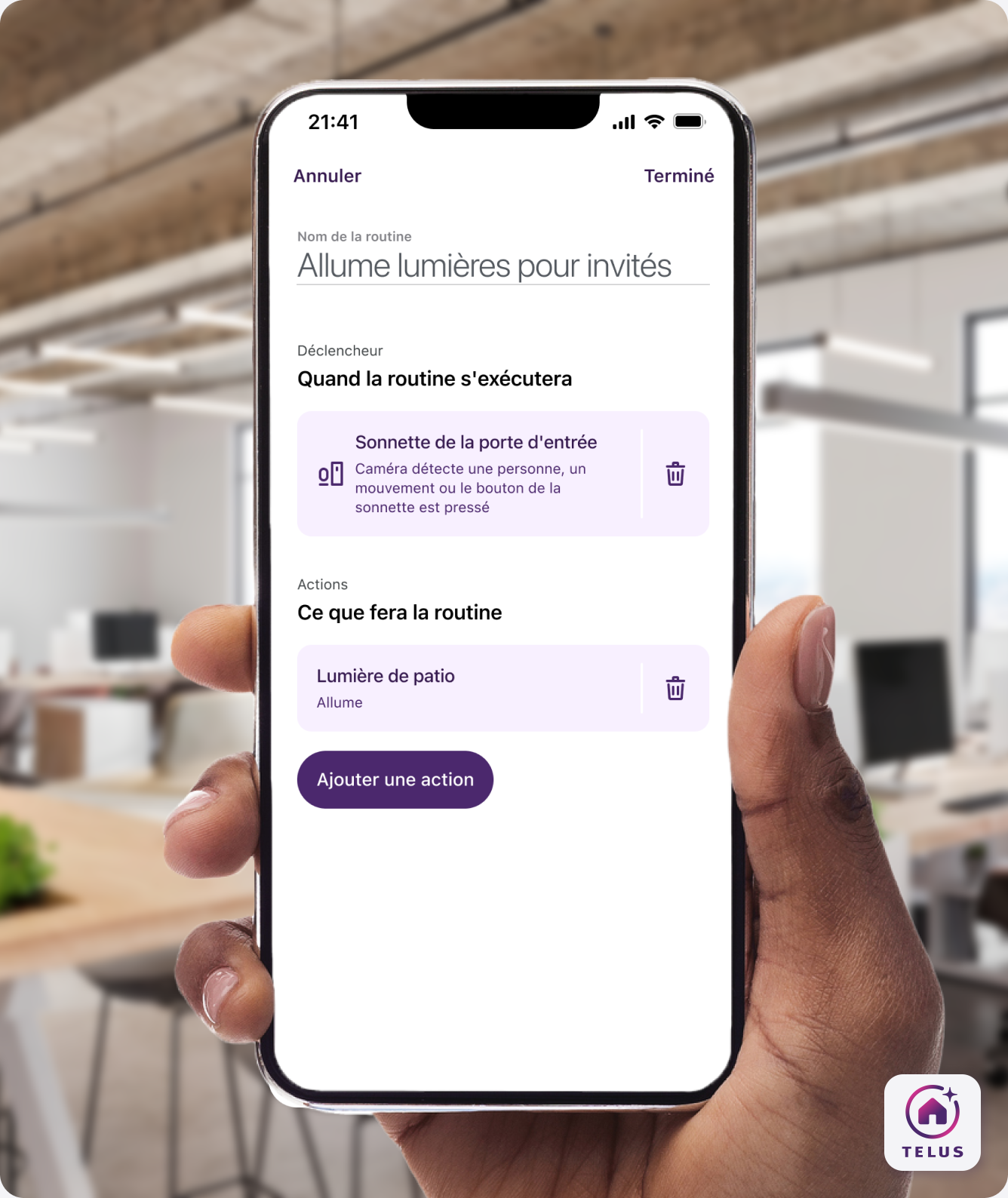 L’application Maison connectée+ de TELUS MC+ montrant l’automatisation d’une soirée cinéma personnalisée.

