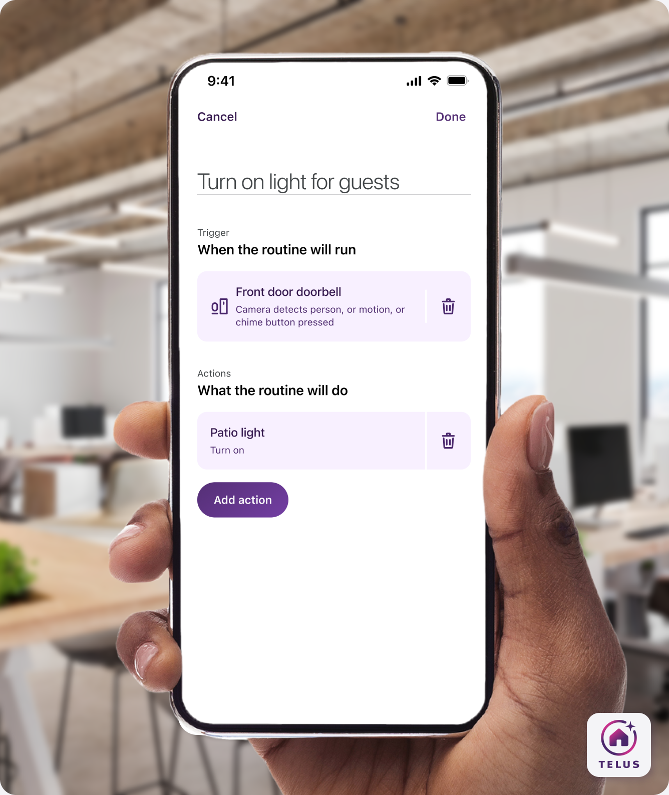 The TELUS SmartHome+ app showing a personalized Movie Night automation.